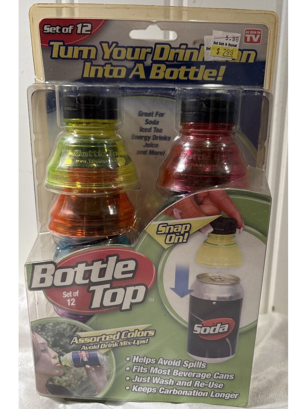 BRAND NEW AS SEEN ON TV SET OF 12 BOTTLE TOPS TURN YOUR DRINK CAN INTO A BOTTLE